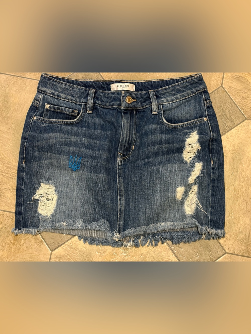 GUESS Dark Blue Distressed Denim Mini Skirt with  added Ukrainian Tryzub